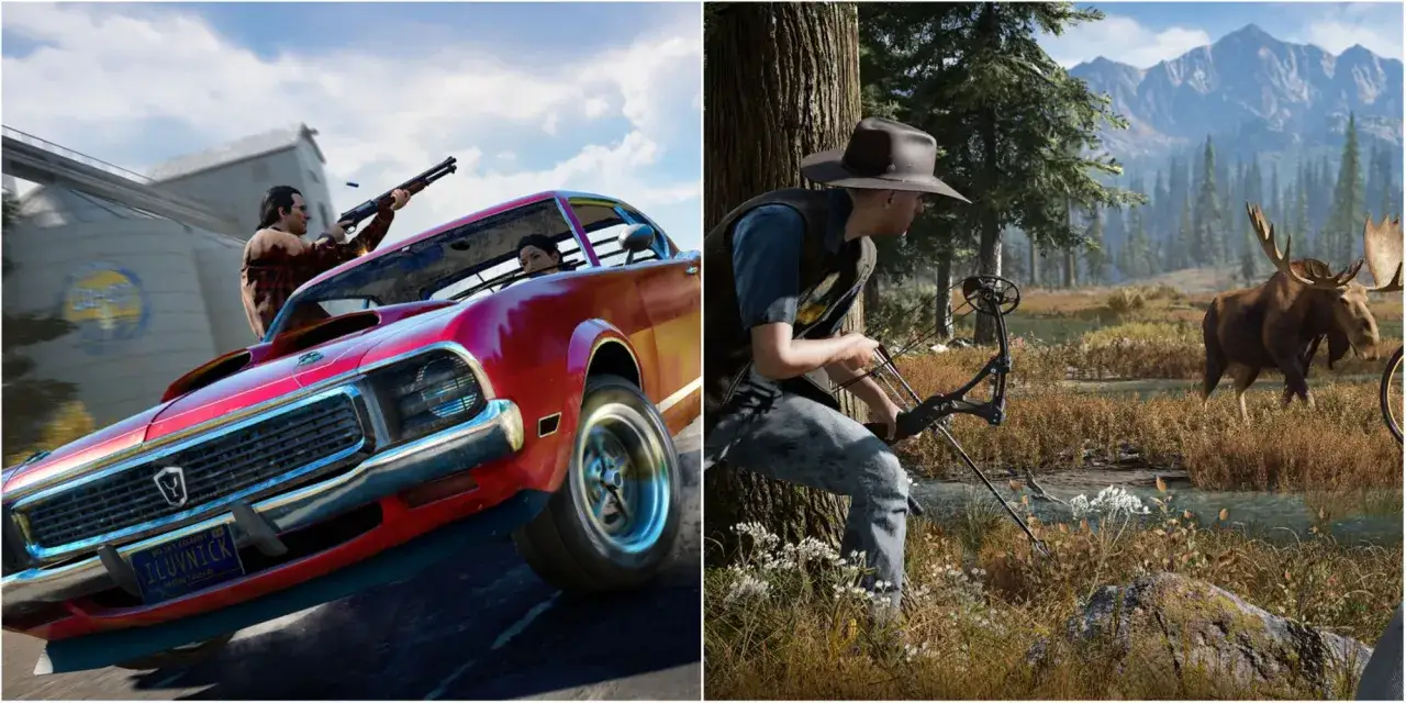 Dwóch graczy w trybie Far Cry 5 coop: jeden strzela z karabinu z jadącego samochodu, drugi poluje z łuku na łosia.