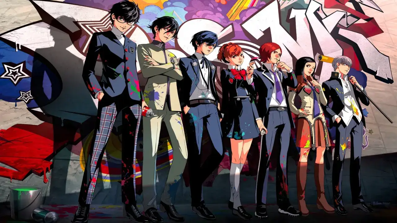 Grupa bohaterów z Persona 6, ubrana w szkolne mundurki, stoi przed kolorowym graffiti. Wszyscy są lekko ubrudzeni farbą, co sugeruje artystyczną sesję.