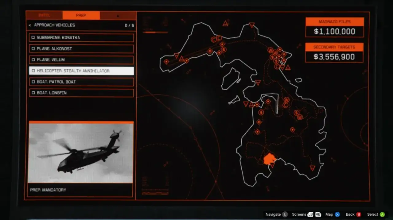 Wybór helikoptera Stealth Annihilator do misji na Cayo Perico. Na ekranie mapa wyspy i cele.