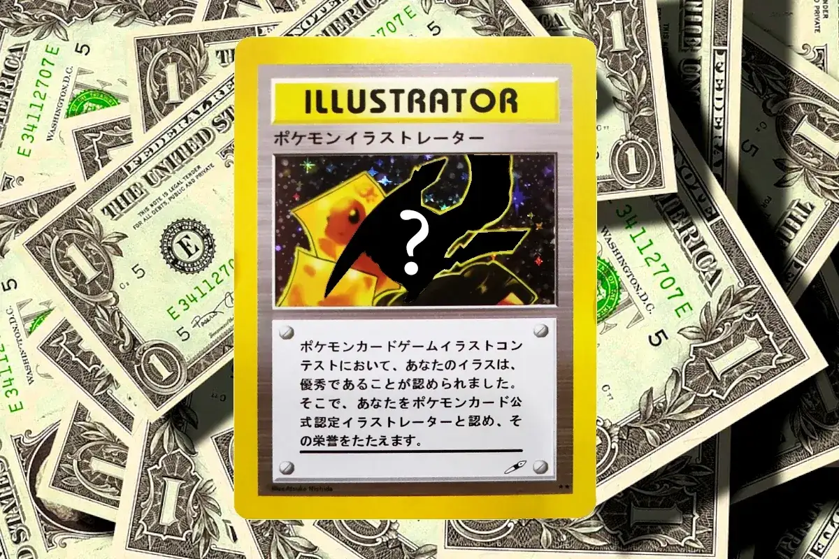 Karta Pokémon Illustrator, otoczona dolarami, symbolizuje, ile kosztuje najdroższa karta Pokemon.