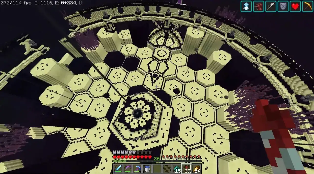 Majestatyczna budowla w świecie Minecraft, przypominająca gniazdo Ender Dragona, z sześciokątnymi platformami i wieżami.