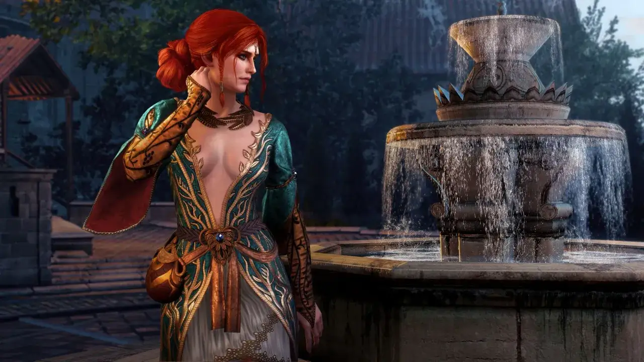 Triss Merigold w alternatywnym stroju z Wiedźmin 3, obok fontanny. Porównanie wyglądu postaci.