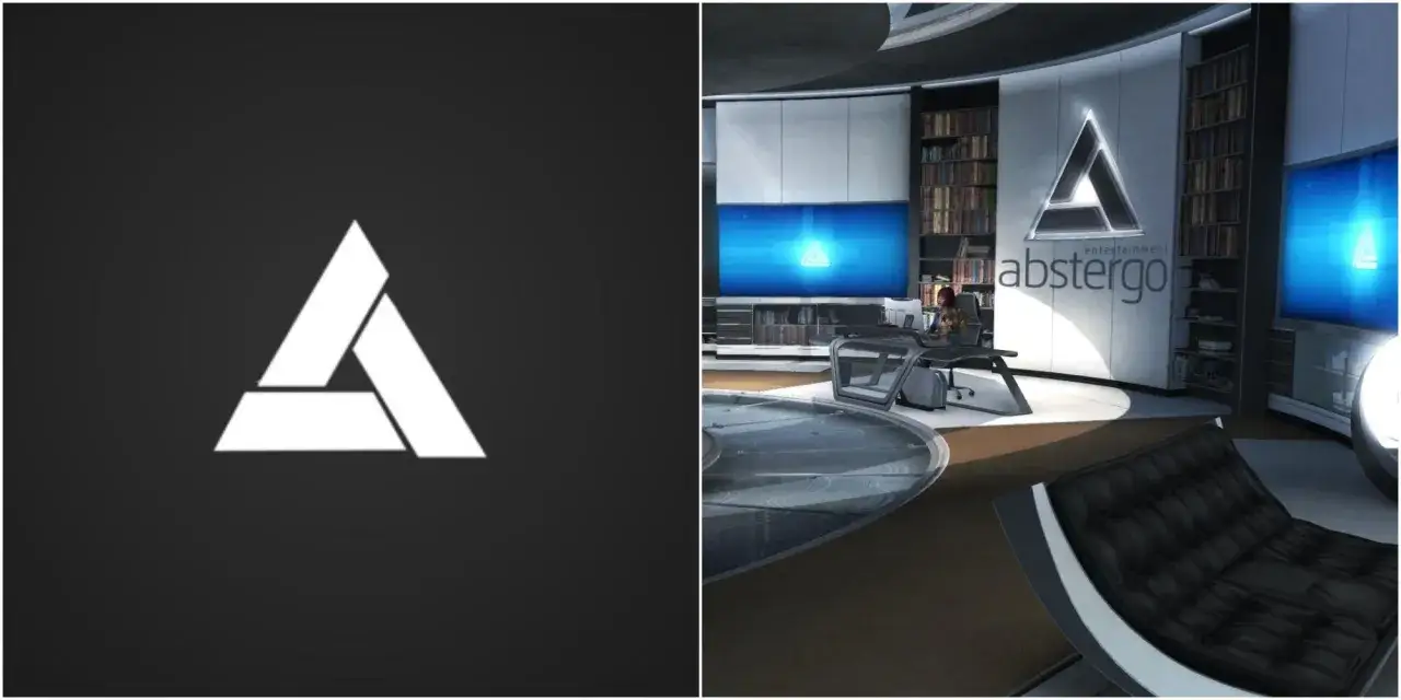 Logo Abstergo na czarnym tle i nowoczesne biuro z logo Abstergo na ścianie.