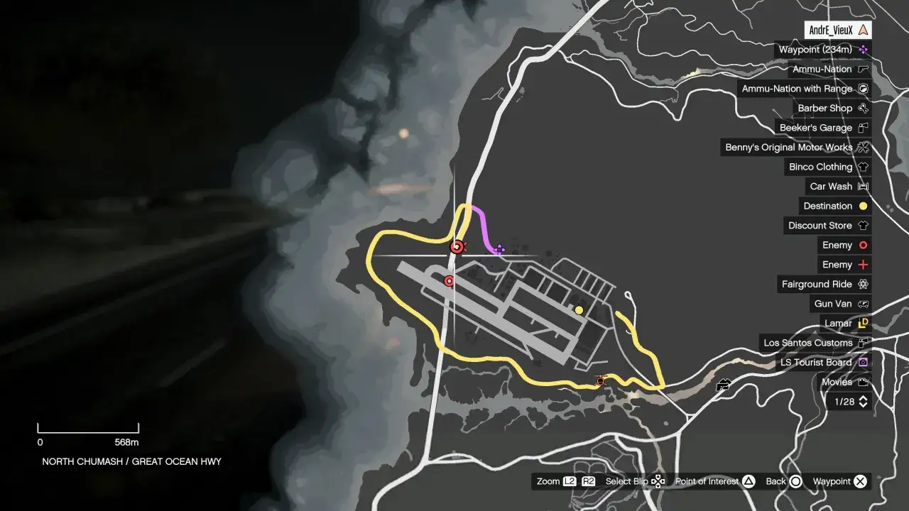 Mapa GTA V pokazuje lotnisko w Fort Zancudo, gdzie jest wojsko. Cel misji znajduje się blisko.