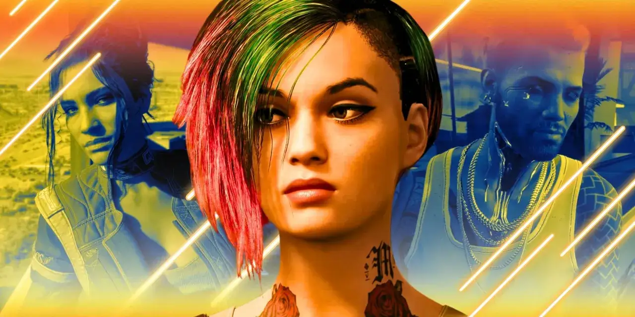 Trójka postaci z gry Cyberpunk 2077, w tym Judy Alvarez, w neonowych barwach. W tle widać miejski krajobraz, sugerujący cyberpunk romanse.