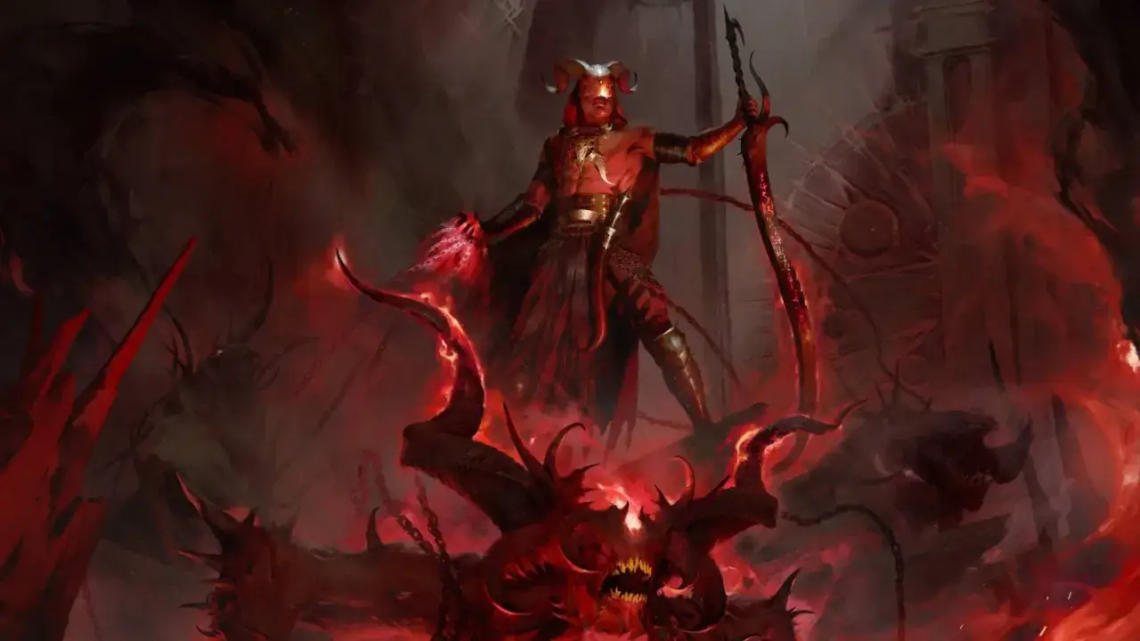 Diablo 4 klasy: potężny wojownik z rogami i płonącym mieczem, stojący nad pokonanym demonem w otoczeniu ognia i łańcuchów.