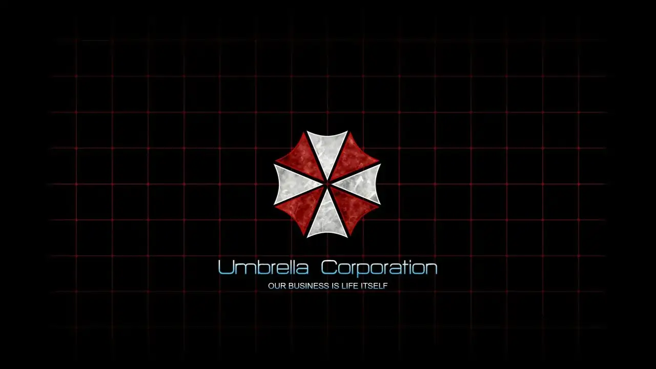 Logo Umbrella Corporation na czarnym tle z czerwoną siatką. Pod logo napis