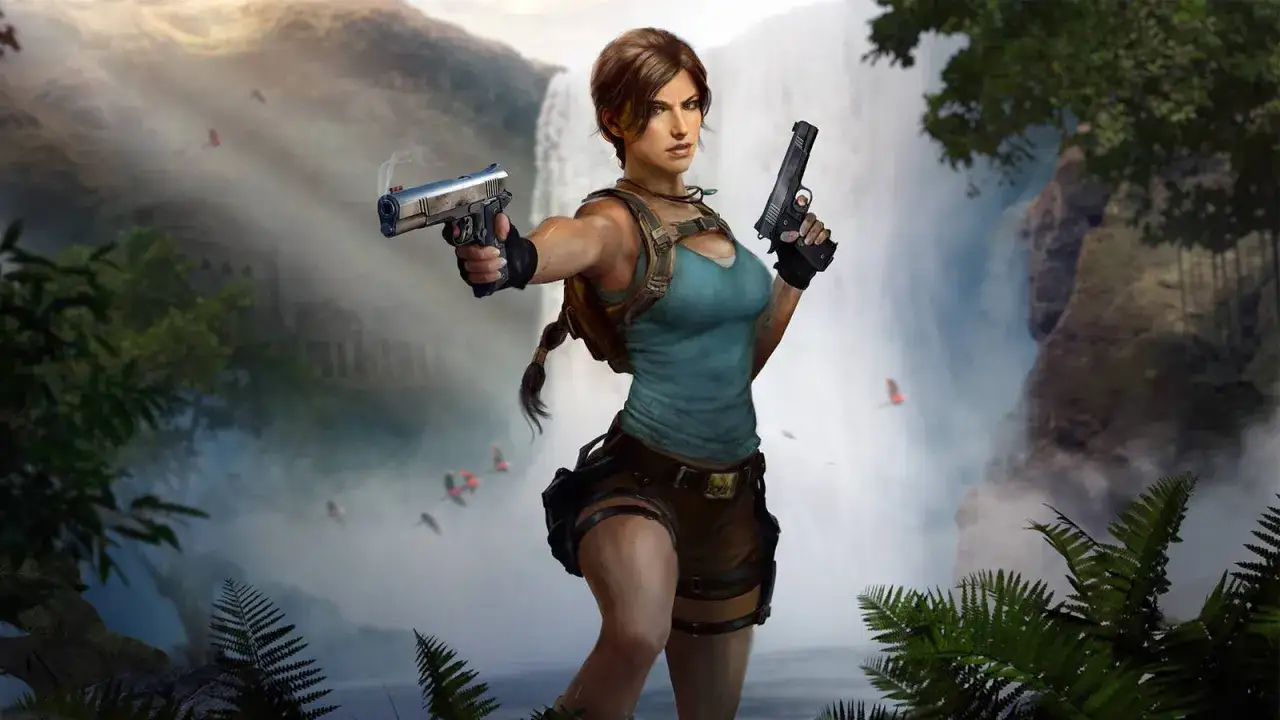 Lara Croft, bohaterka nowego Tomb Raider, z pistoletami w dłoniach, stoi na tle wodospadu i mglistych gór.