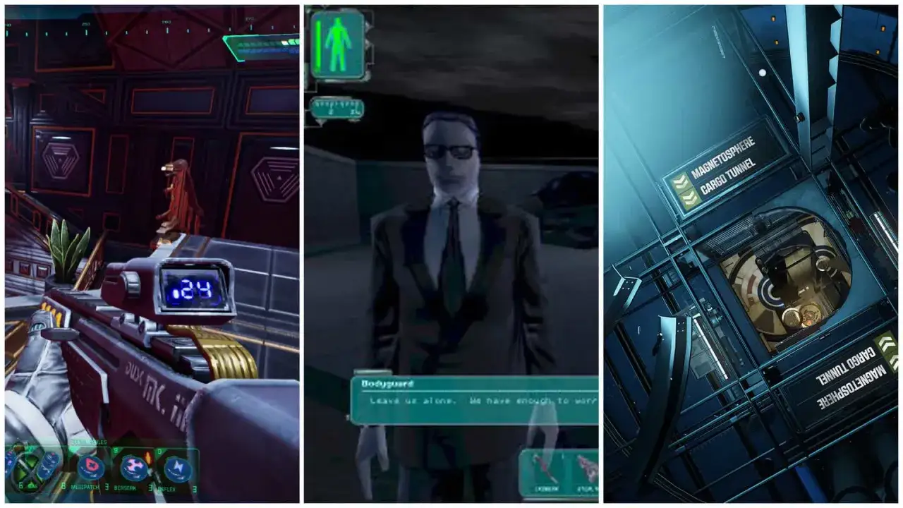 Trzy sceny z gry typu immersive sim: widok z broni, postać w garniturze i futurystyczny tunel.