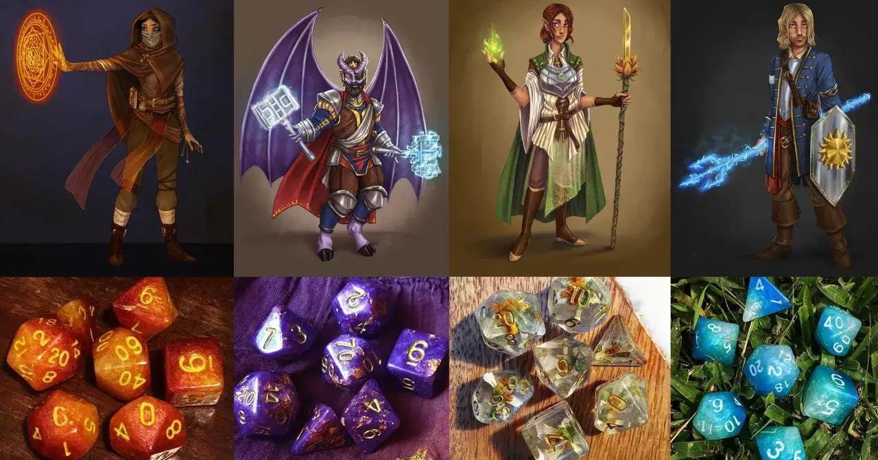 Postacie z gry rpg, kostki do gry w różnych kolorach i z zatopionymi elementami. To właśnie rpg co to za zabawa!