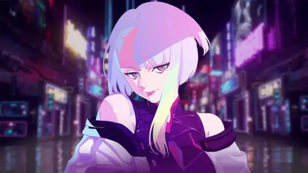 Lucy z Cyberpunk: Edgerunners, w neonowym mieście, z fioletowymi oczami i włosami w odcieniach różu i żółci.