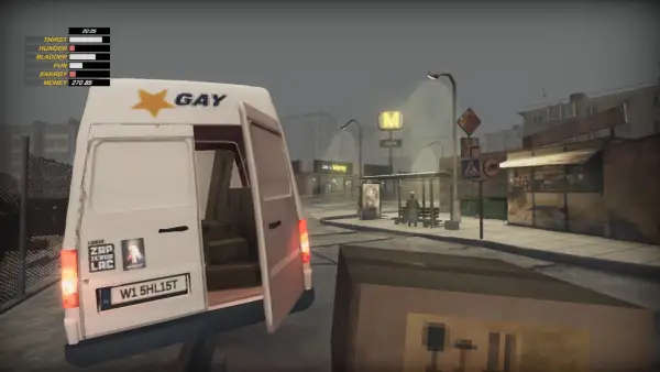 Symulator kuriera: biały van z napisem "GAY" i gwiazdą, otwarte drzwi z paczkami w środku, miejski krajobraz.