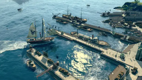 Port w grze Anno 1800, pełen statków i towarów. Sprawdź wymagania, by cieszyć się tą grą!