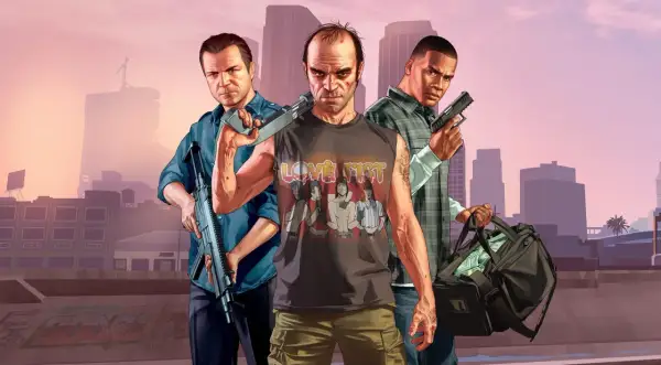 Trzech bohaterów GTA V z bronią i torbą pieniędzy. Czekamy na GTA 6 kiedy w Polsce!