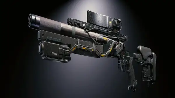 Cyberpunk 2077 najlepsze bronie: futurystyczny karabin snajperski z celownikiem i dodatkowymi modułami, gotowy do akcji w Night City.
