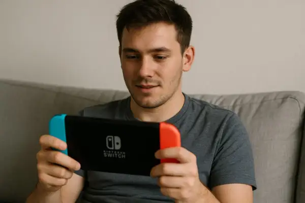 Mężczyzna gra na konsoli Nintendo Switch, która jest jego ulubioną rozrywką.
