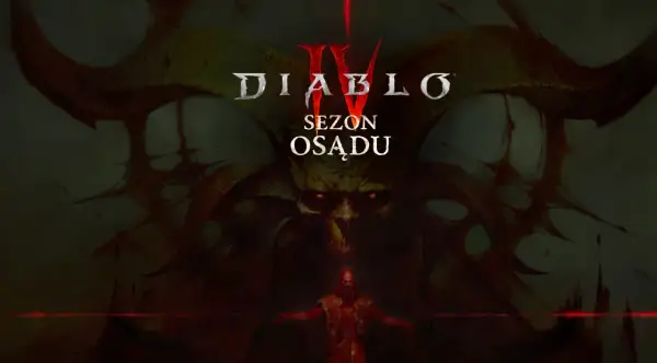 Diablo 4: Sezon Osądu. Mroczna wizja z przerażającą postacią w centrum i logiem gry.