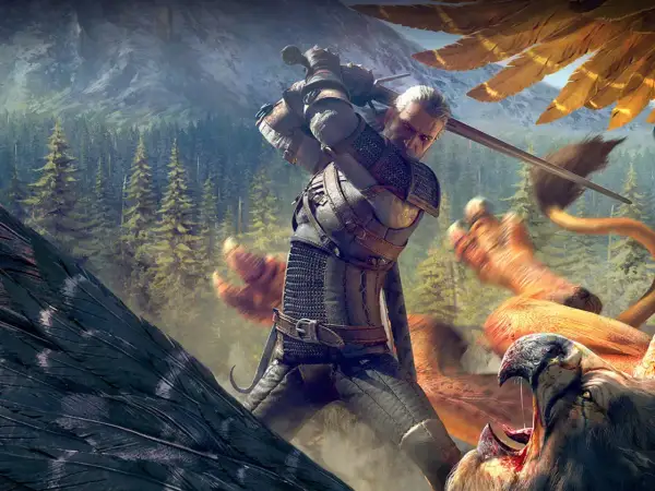Geralt z Rivii walczy z potworami w lesie, zapowiada się wiedzmin 1 remake.