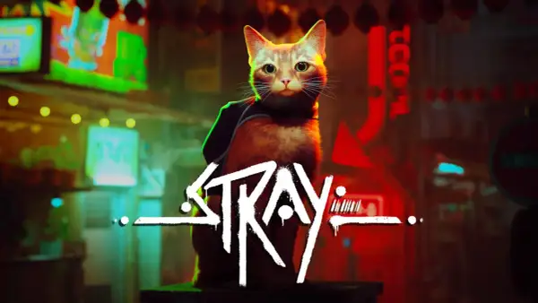 Rudy kot z plecakiem siedzi na tle neonowego miasta. Logo gry "Stray" jest widoczne.
