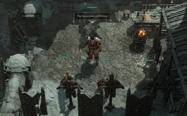 Diablo 4: Tajemnice Źródła. Postać w czerwonej zbroi stoi przed wilkami, słysząc "Bestia żyje w tobie".