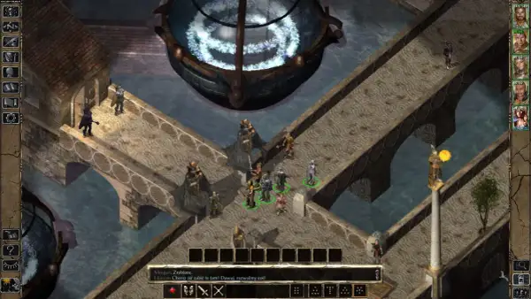 Drużyna w Baldur's Gate na kamiennych mostach nad wodą, przygotowuje się do walki.