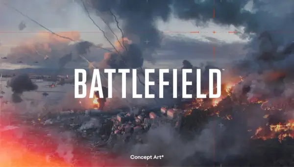 Scena z gry Battlefield 7: miasto w ogniu, dym, helikoptery i okręty na morzu.
