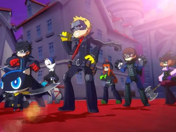 Postacie z Persona 6 w kreskówkowym stylu, gotowe do akcji na czerwonym dywanie.
