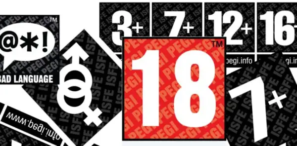 Kolaż symboli PEGI: @*! (wulgaryzmy), symbole płci, cyfry 3+, 7, 12, 16, 18.