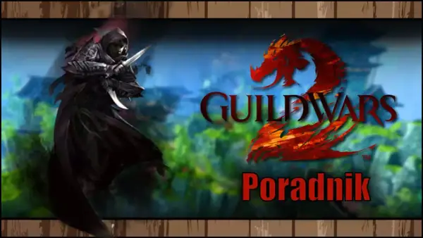 Mroczny zabójca z sztyletami, logo Guild Wars 2 i napis "Poradnik". Sprawdź guild wars 2 wymagania, by rozpocząć przygodę!