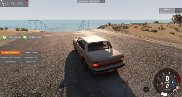 Gra BeamNG.drive na pustynnej mapie, z opcjami "Scramble Everything!" i "Random Vehicle". Sprawdź wymagania gry!