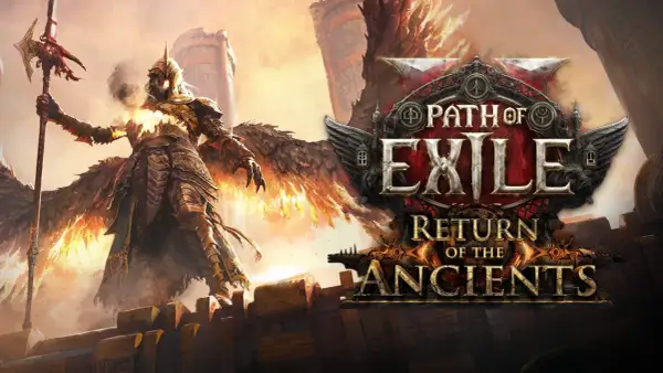 Postać w zbroi z płonącymi skrzydłami trzyma włócznię, obok logo Path of Exile: Return of the Ancients.