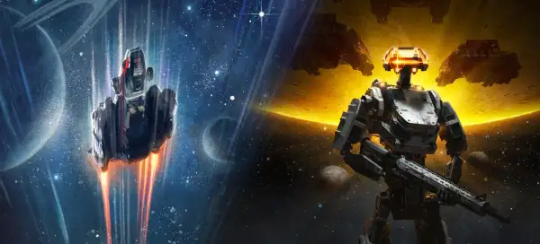 Robot z bronią na tle kosmosu i statku kosmicznego. Zapowiedź **starfield dlc**.
