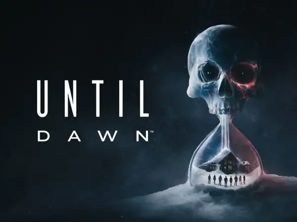 Nawiązanie do Until Dawn remake: lodowa klepsydra w kształcie czaszki, z której wypada śnieg na chatkę i grupę ludzi.