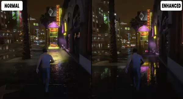 Porównanie grafiki GTA 5: "Normal" vs "Enhanced". Lepsza jakość obrazu i detali, gdy spełnione są gta 5 wymagania.