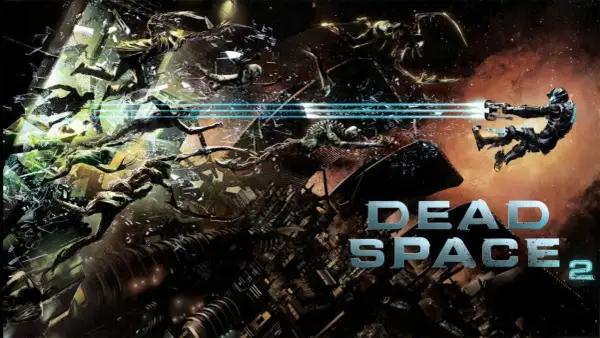 Isaac Clarke strzela do nekromorfów w przestrzeni kosmicznej. Napis "DEAD SPACE 2".