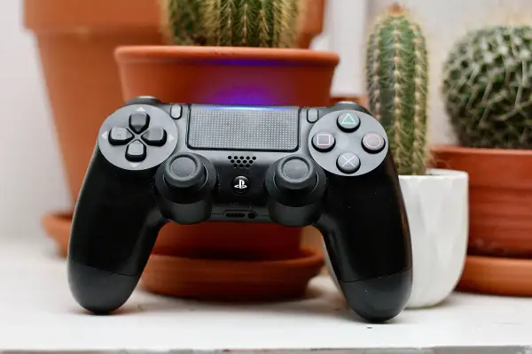 Czarny pad DualShock 4, gotowy do gry w r3. W tle kaktusy w doniczkach.