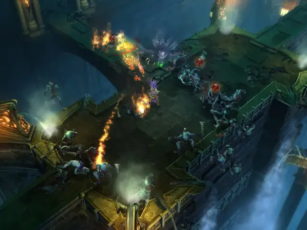 Intensywna bitwa w Diablo 3. Gracze walczą z hordami potworów na płonących platformach. Sprawdź diablo 3 wymagania, by dołączyć do walki!