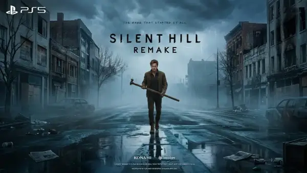Mroczna ulica w Silent Hill, zniszczone budynki i samochody. W centrum stoi mężczyzna z rurą, zapowiadając Silent Hill 1 remake.