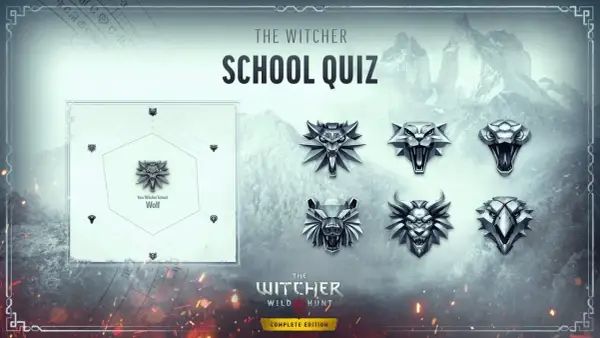 Quiz "Szkoły Wiedźmińskie" z symbolami wilka, węża, niedźwiedzia i gryfa. Wynik: Szkoła Wilka.
