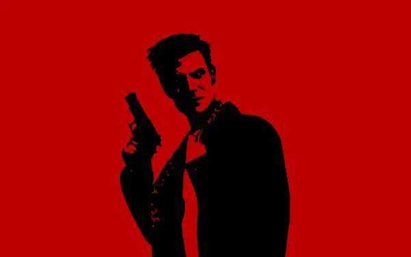 Czarna sylwetka Maxa Payne'a z pistoletem na czerwonym tle. Zapowiedź odświeżonej wersji gry Max Payne remaster.
