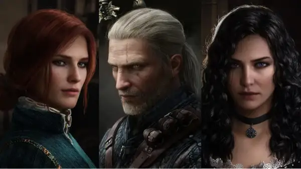 Triss i Yen, dwie czarodziejki, obok wiedźmina.