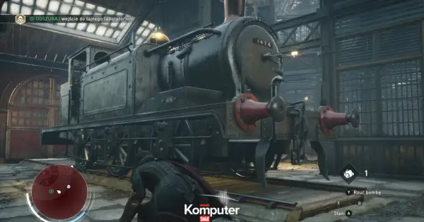 Wymagania Assassin's Creed Syndicate: lokomotywa w hangarze, gracz szuka wejścia do laboratorium.