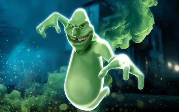 Złowrogi, zielony duch z uśmiechem na twarzy, otoczony zieloną mgłą. Wygląda jak postać z gry ghost.