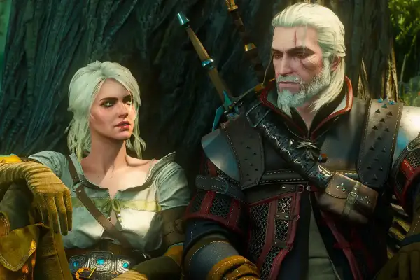 Geralt i Ciri, bohaterowie gry RPG, siedzą obok siebie.