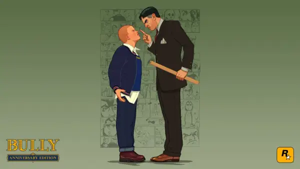 Nauczyciel grozi linijką uczniowi na tle komiksowych paneli z postaciami.