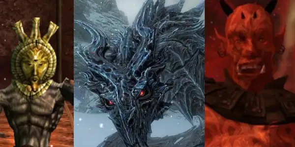 Postacie z gier: złota maska, smok z czerwonymi oczami i czerwony demon. Czy to Dagoth Ur i jego sojusznicy?