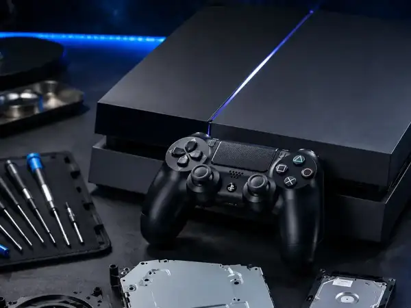Konsola PS4 i kontroler, gotowe do naprawy, jak kiedy wyszło ps4. Narzędzia i części leżą obok.