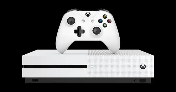 Biały kontroler Xbox One spoczywa na białej konsoli Xbox One na czarnym tle.