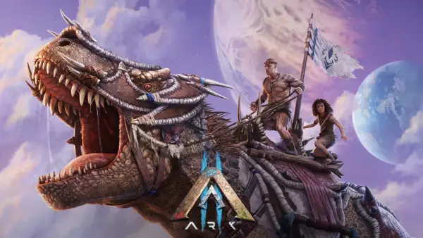 Wielki dinozaur z ludźmi na grzbiecie, gotowy na premierę ark 2. W tle planety i chmury.