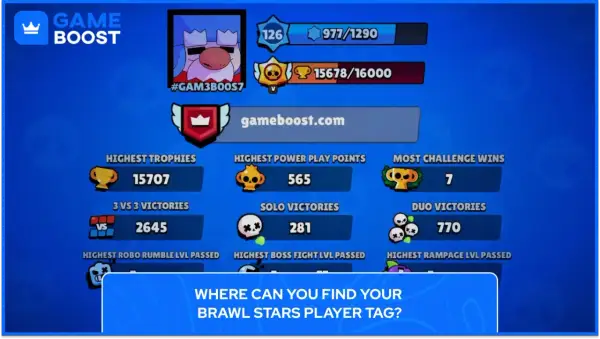Profil gracza w Brawl Stars: 15707 trofeów, 2645 zwycięstw 3v3, 281 zwycięstw solo.